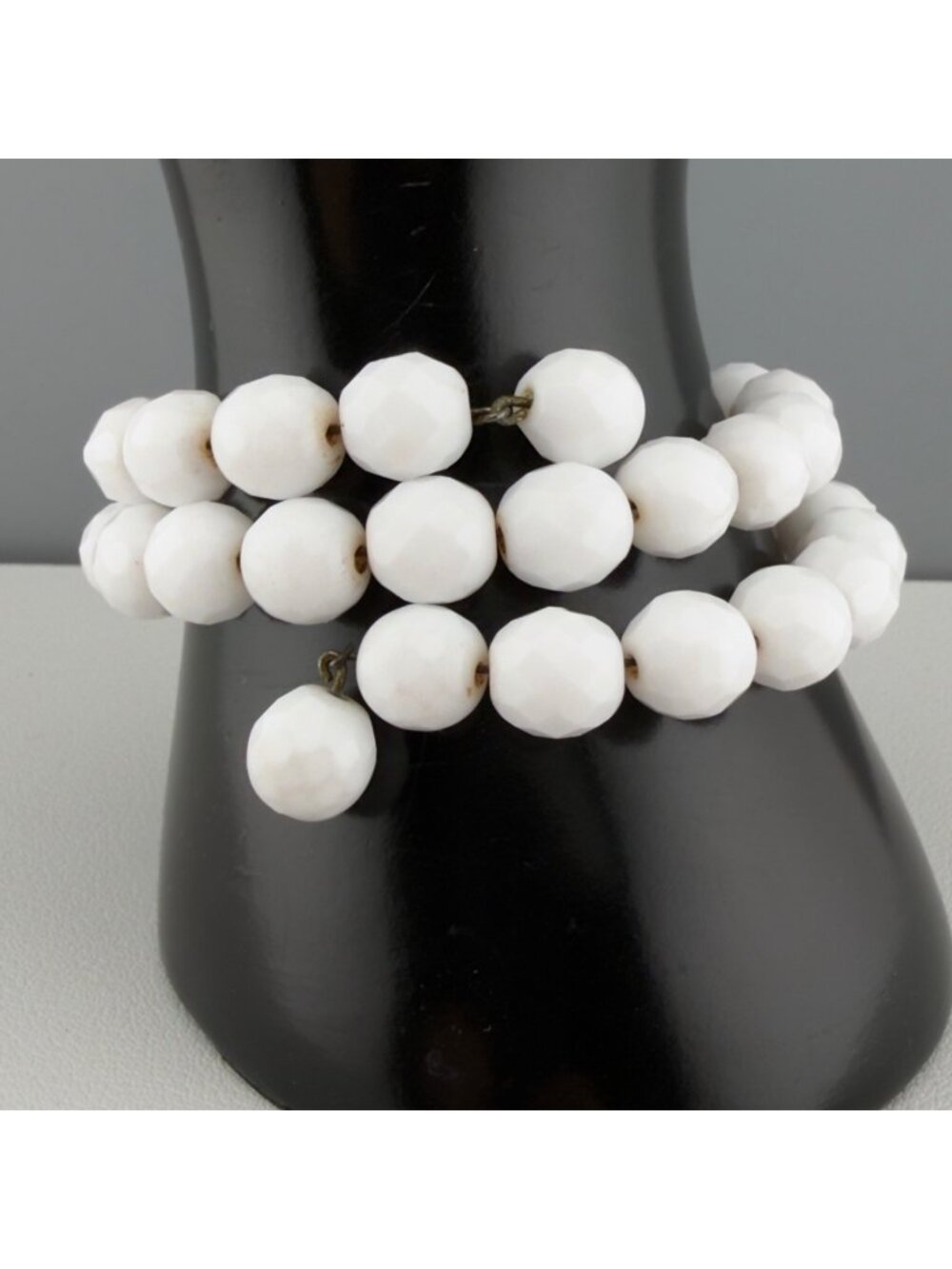 Vintage Milk Glass Beaded Wrap Bracelet Double Strand Faceted White Adjustable